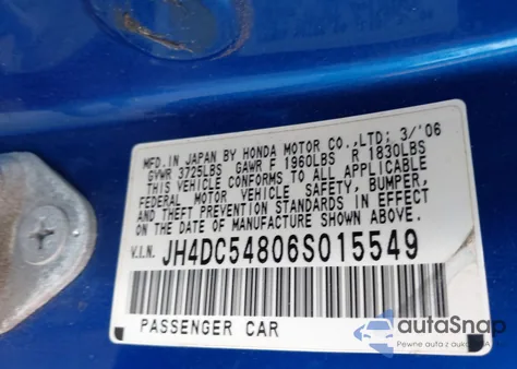 2006 Acura Rsx z USA, uszkodzony, nr VIN JH4DC54806S015549